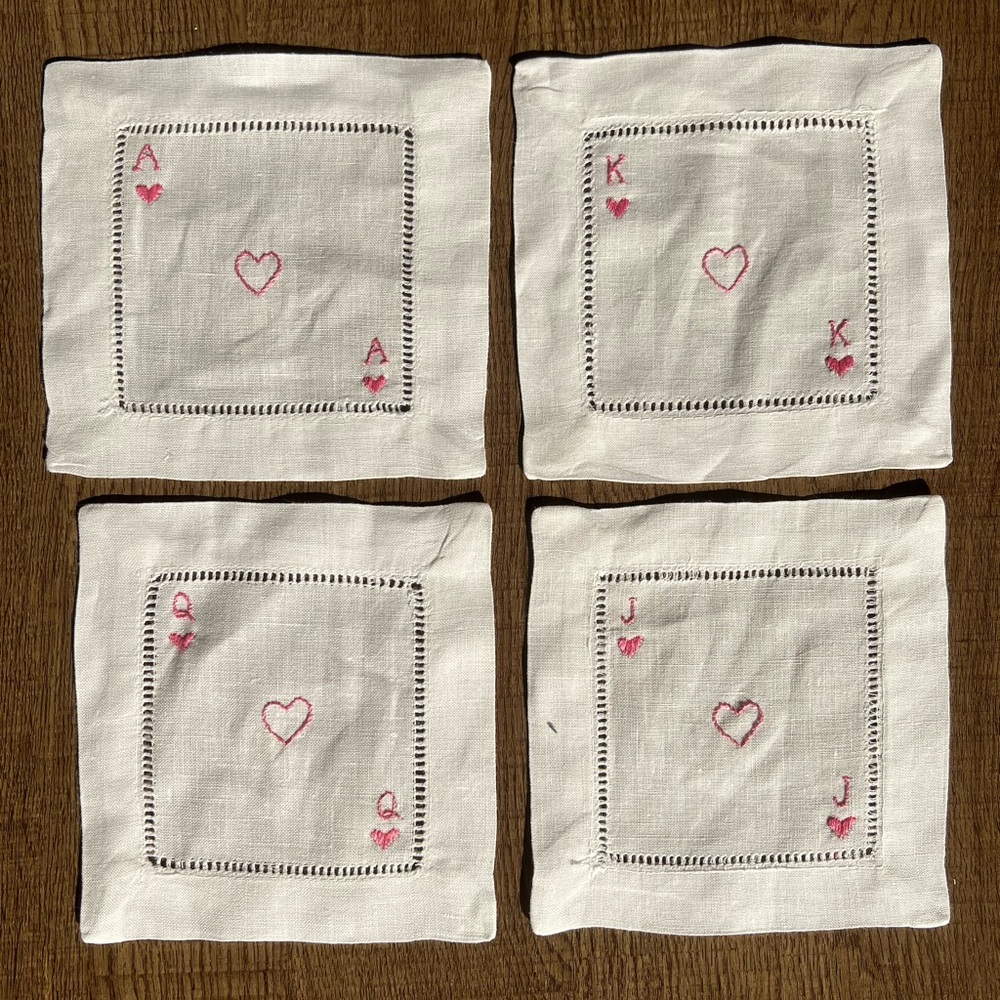 Set of 4 Hand Embroidered Linen Cocktail Napkins